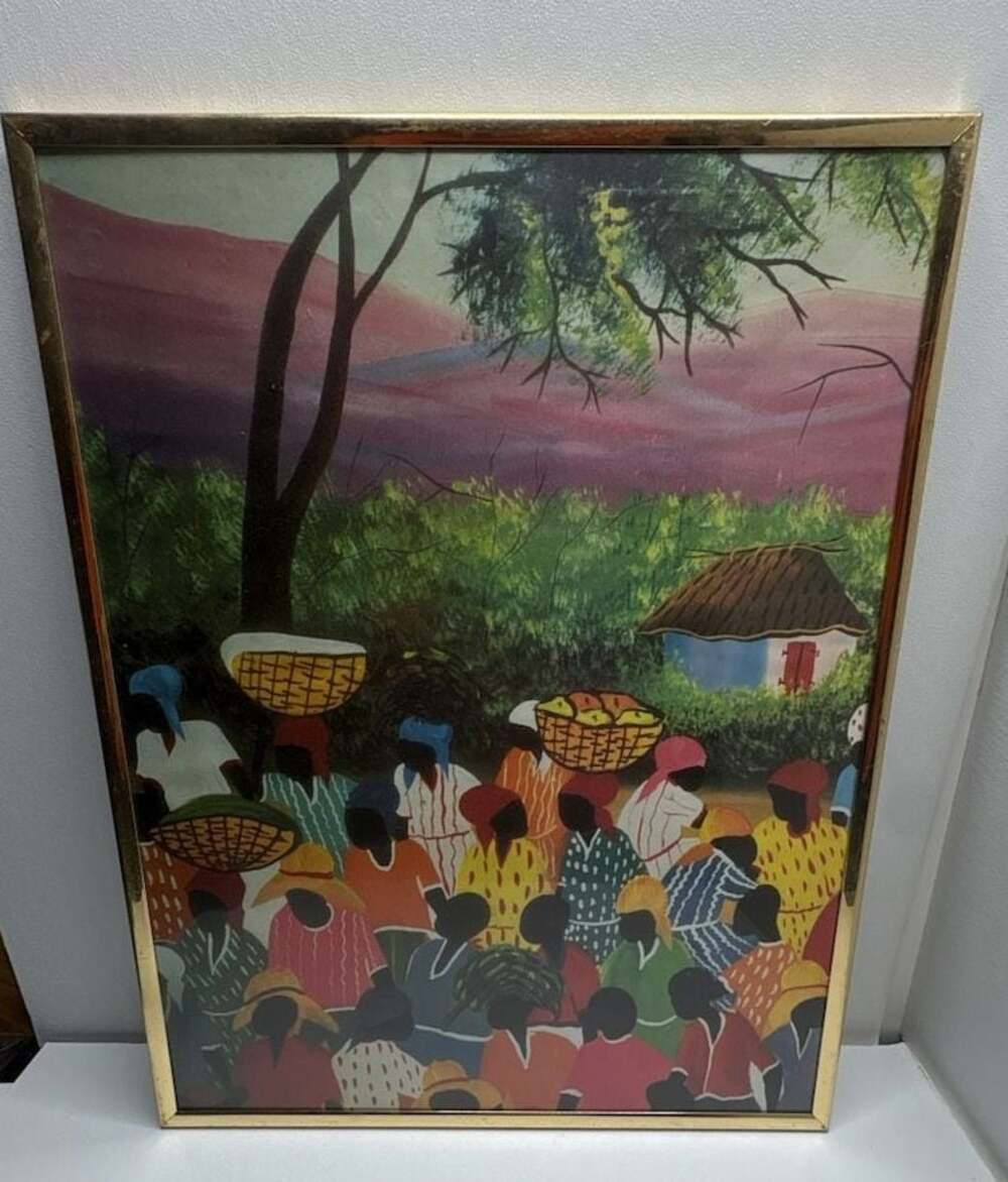 Marsel Vintage Folk Art Haitian Market Scene Framed Print